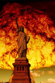 Statue of Liberty with a nuclear explosion in the background