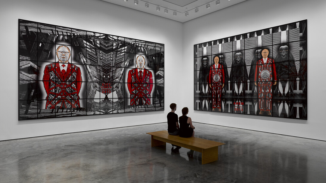 Gilbert & George, Scapegoating Pictures for London, White Cube Bermondsey, 18 July - 28 September 2014, © Gilbert & George. Photo: Jack Hems. Courtesy White Cube