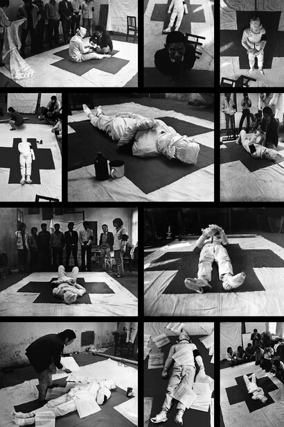 Wei Guangqing, "Suicide Project/Personal Experience of the Simulated Suicide Project Relating to ‘One’", 1988, performance, various locations across the PRC. Courtesy of the Artist