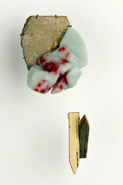 Kelly Novak, Fragments from Utopia: Preikestolen V, Silver, Steel, Reclaimed Wood, Resin, Found Stone, Vintage Red Wool Sweater, 3.5”x 3”x .75", 2013