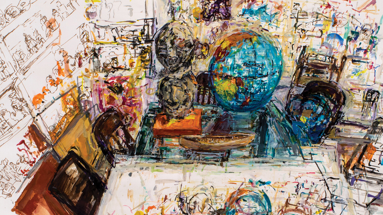 Globe and Double Heads, 2014, Acrylic on paper, 30 x 44 inches