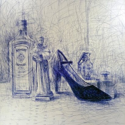 Antonio Riello, Il Santo, 2021, 120 x 95 cm, biro blu su carta
