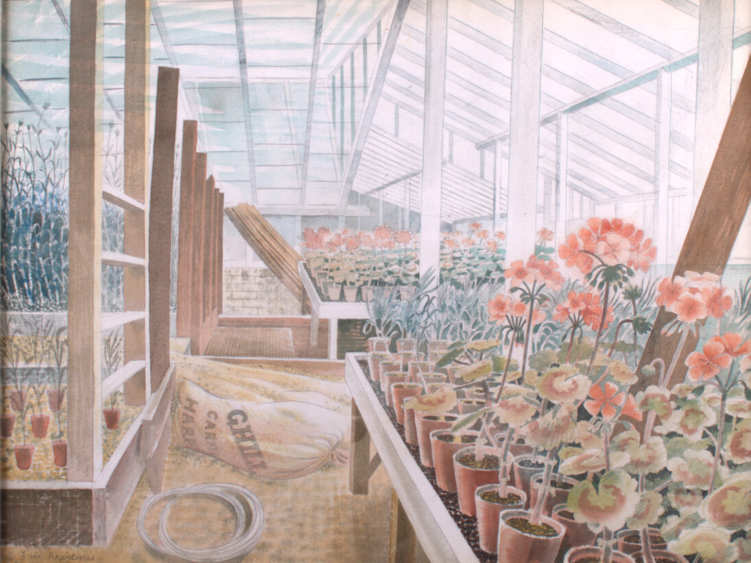 Eric Ravilious, Geraniums and Carnations, 1938, Watercolour and pencil on paper, Private Collection, on long loan to The Fry Art Gallery