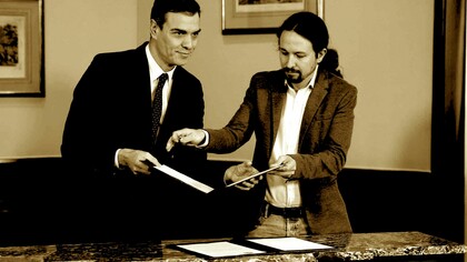 Firma del preacuerdo entre PSOE y Podemos por los líderes de ambas formaciones