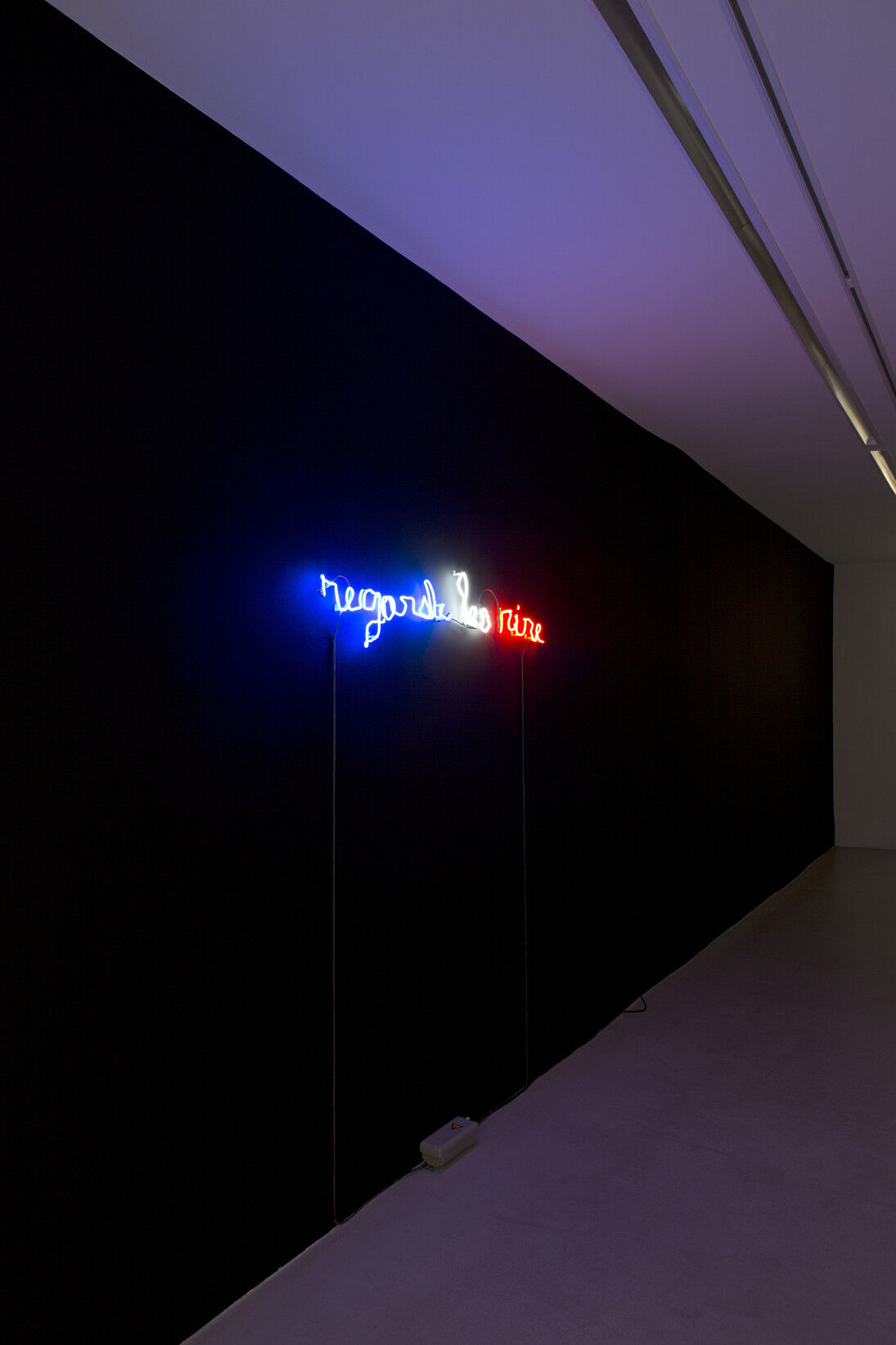 Claude Lévêque, Regarde les rire, 2015, Néon bleu, blanc, rouge / Neon blue, white and red, 33 x 150 cm, Ecriture / Writing : Romaric Etienne © ADAGP Claude Lévêque . Photo. Julie Joubert , Courtesy the artist and kamel mennour, Paris 