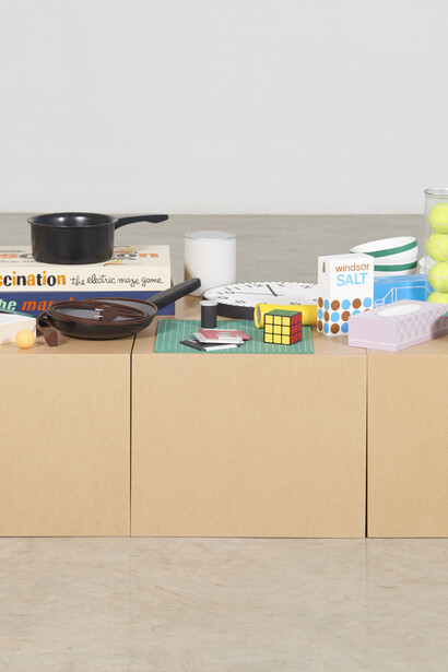 Roula Partheniou, Packed Boxes with Clutter, 2015, acrylic and enamel paint on wood and MDF, flocking on foam balls, 54 x 28 x 28 inches