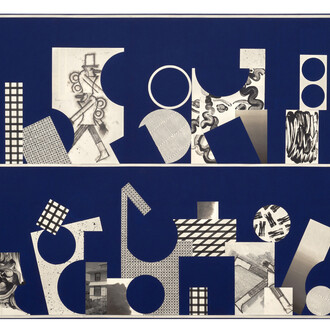 David Korty, Blue Shelf #38, 2015, Ink, paper, pencil, silkscreen and paint on canvas, 79 x 93 inches