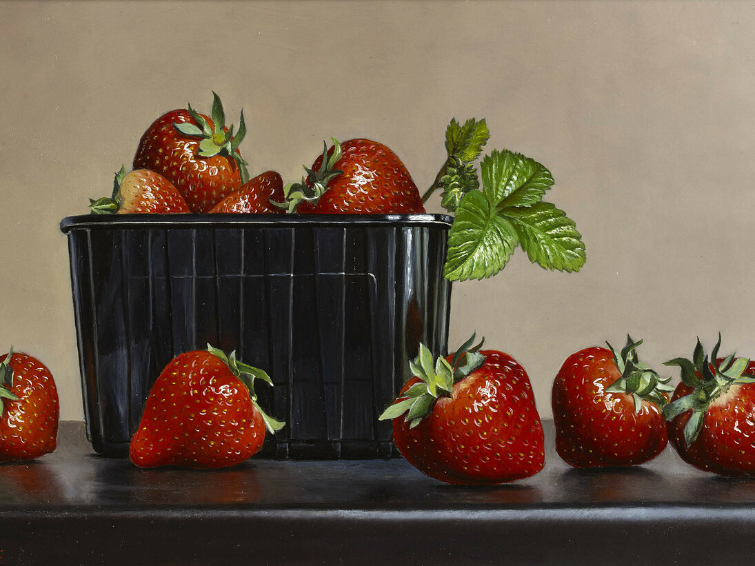 Johan De Fre, Strawberries, oil on panel, 8 x 12 ins (20 x 30 cms)