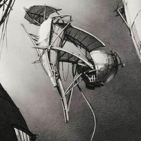 Lebbeus Woods, Photon Kite, from the series Centricity, 1988, Graphite on paper, 24 in. x 22 inches, Purchase through a gift of the Members of the Architecture + Design Forum, SFMOMA Architecture and Design Accessions Committee, and the architecture and design community in honor of Aaron Betsky, Curator of Architecture, Design and Digital Projects, 1995-2001, © Estate of Lebbeus Woods.