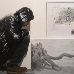 Matteo Tenardi, Luoghi instabili (ipotesi d'installazione #1 e #2 per una radice), 2015, olio e tempera su tavola + penna e grafite su carta e tavola, cm.  160x150