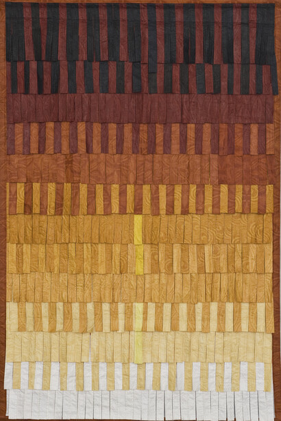 Abdoulaye Konaté, Composition: No. 9 (orange), 2014, Textile, 217 x 144 cm / (85⅜ x 56¾ in) © the artist, Image Courtesy of the Artist and Blain|Southern, Photographer: Christian Gläser, 2015