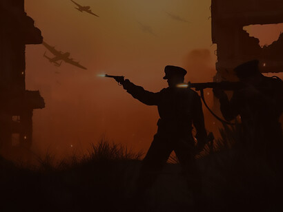 A depiction of the war and conflict landscape, featuring soldiers engaged in intense military activities