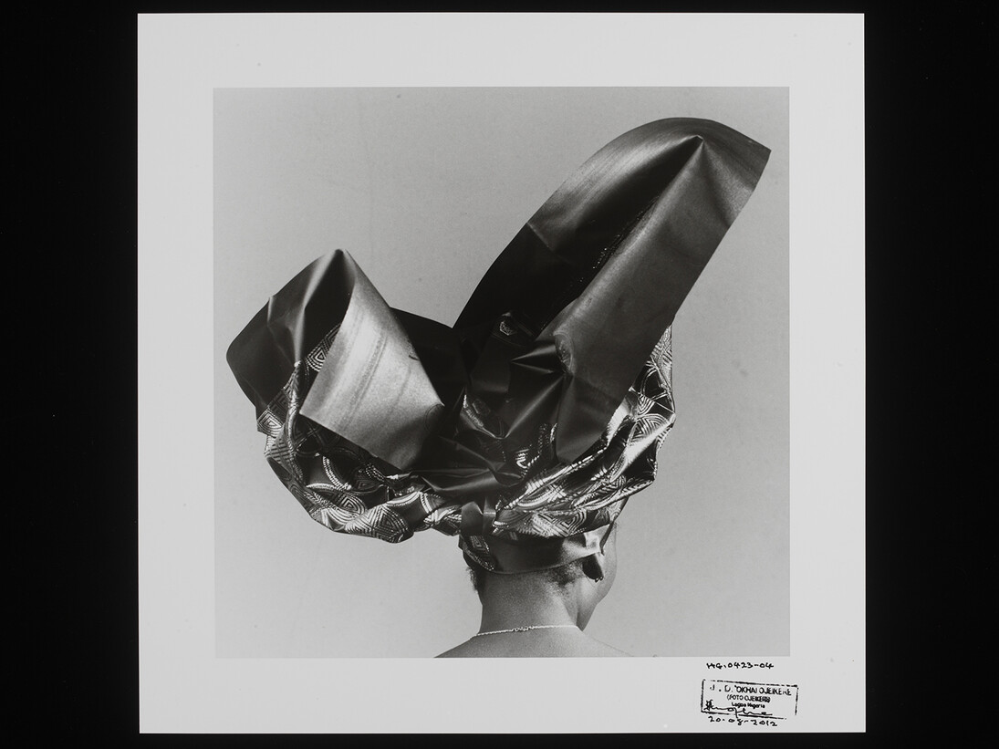 J. D. 'Okhai Ojeikere, 'Untitled, HG 423-04', from the series Headties, gelatin silver print, Nigeria, 2004 © The Estate of J.D. 'Okhai Ojeikere / Victoria and Albert, London
