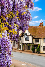 Exterior view of The Swan at Lavenham Hotel & Spa in the medieval village of Lavenham, Suffolk, England