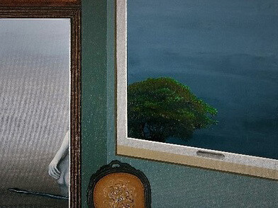 Interno-esterno con specchio, 2002, olio su tela, cm 50 x 60