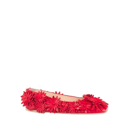Ballerina in pelle con punta quadrata, ricoperta di fiori in pelle