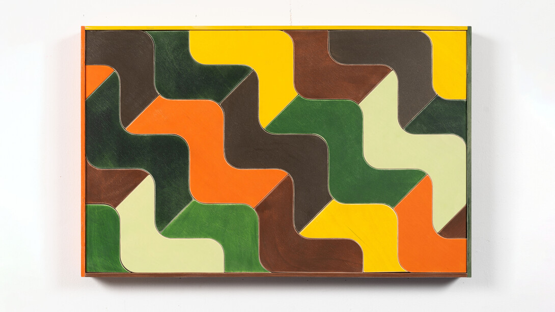 Mark Sengbusch,
Canopy, 2023.
Acrylic on Wood Tiles on panel with Artist frame,
22 x 34 inches (55.9 x 86.4 cm). Courtesy the artist and Cristin Tierney Gallery, New York