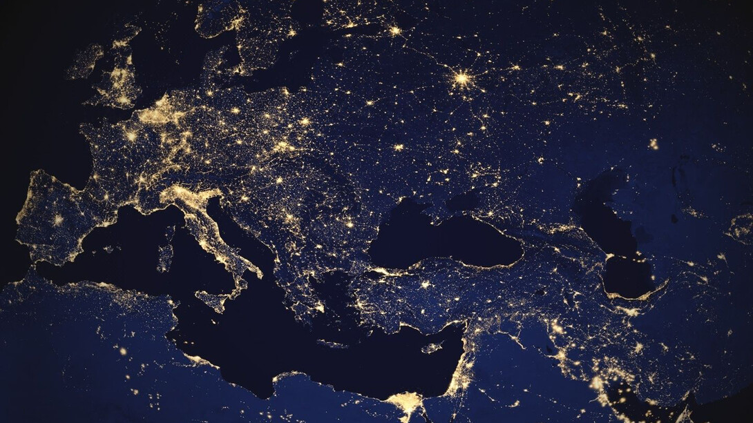 A global view of Earth at night compiled from over 400 satellite images © NASA/NOAA, detail