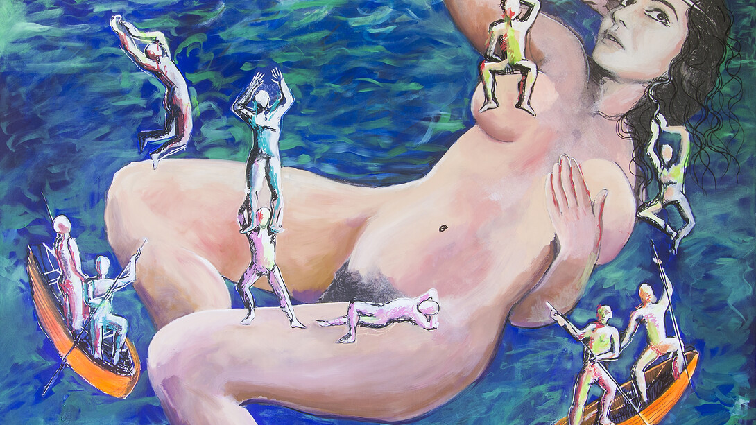 Dario Fo,
Allegoria dei viaggi di Gulliver dove la Callas e'
presentata nei panni di una gigantessa,
2013,
Tecnica mista su tela, 135 x 103 cm
(141 x 109 cm con cornice),
Archivio Franca Rame e Dario Fo