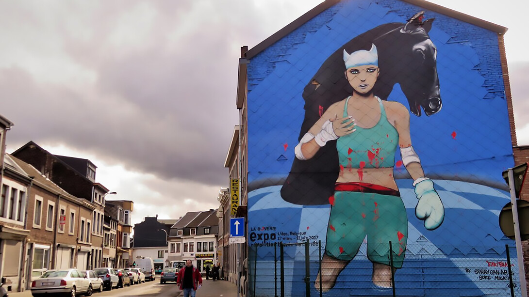 A fresco in Belgium paying tribute to cartoonist Enki Bilal, created on March 12, 2018, by artists Soke and Michaël Nicolaï