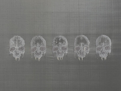 Angelo Filomeno, Untitled, 2013, ricamo su seta applicata su lino, cm 198x99. Courtesy of Galleria Giovanni Bonelli 