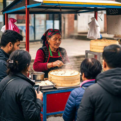 An elderly Nepali woman prepares and sells momos (traditional dumplings) at a small, colorful street food stall. Dressed in traditional attire with a vibrant headscarf, her face reflects years of experience as she tends to a steaming bamboo steamer filled with freshly made momos