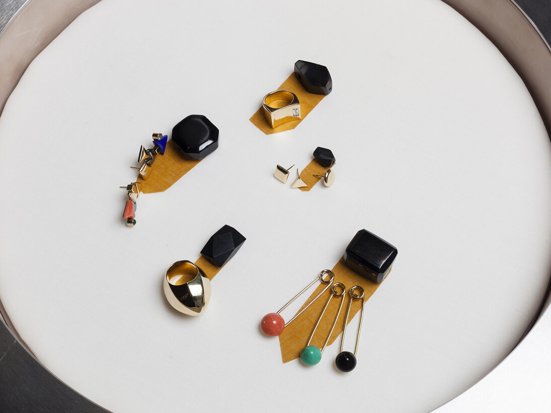 From the Belmacz archive curated by May Cornet, 'Swifty', 'Bauhaus', 'Bauhaus Studs', 'Zeppelin', 'Poiret Pins'