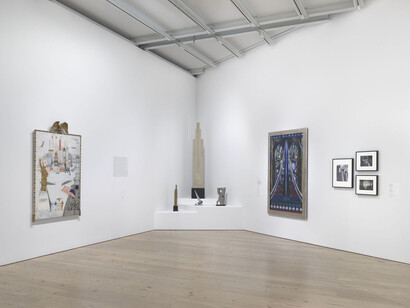 Installation view of The Whitney’s Collection: Selections from 1900 to 1965 (Whitney Museum of American Art, New York, June 28, 2019- ). From left to right: Florine Stettheimer, New York/Liberty, 1918-19; John Storrs, Forms in Space, c. 1924; Johns Storrs, Forms in Space #1, c. 1924; Man Ray, New York, 1917/1966; John Storrs, Composition Around Two Voids, c. 1934; Joseph Stella, The Brooklyn Bridge: Variation on an Old Theme, 1939; Margaret Bourke-White, Dam at Fort Peck, Montana, 1936, printed c. 1970; Andreas Feininger, West Side Highway, New York, 1940; Ilse Bing, Dead End II (Smokestacks, Queensborough Bridge), 1936. Photograph by Ron Amstutz