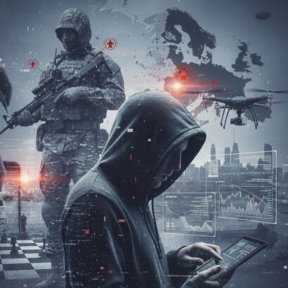 A visual exploration of how modern conflict has evolved beyond the battlefield. By weaving together cyberattacks, proxy actors, and psychological operations, the line between war and peace becomes a strategic blur