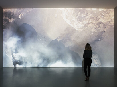 View of the exhibition Laurent Grasso, "Soleil Double", Galerie Perrotin, Paris, September 6 - October 31, 2014, "Soleil noir" 2014, Film 16mm en boucle. 11 min 40 sec. Photo: Claire Dorn, © ADAGP, Paris, 2014, Courtesy Galerie Perrotin