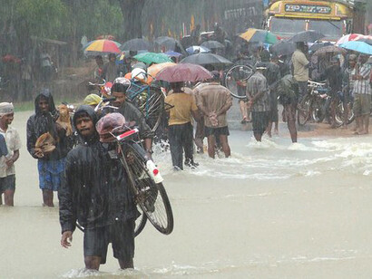Monsoon flooding in the Vanni in November 2008 in Sri Lanka with flooded streets caused by heavy rains during a major disaster