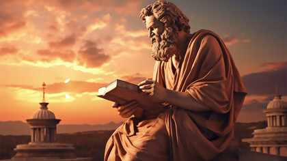 A statue of an ancient Greek philosopher, depicted as a deity, holding a book to symbolize wisdom and knowledge