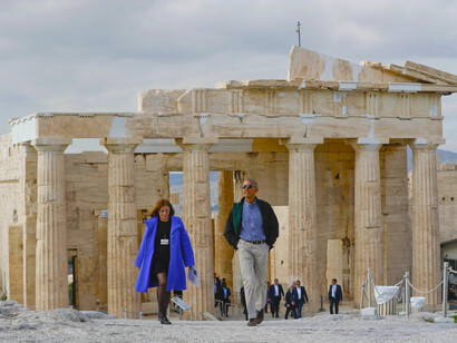 Barack Obama walking in Acropolis, Athens Greece
