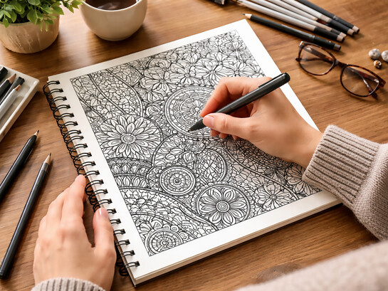 A person creates intricate Zentangle patterns in a notebook, focusing on mindful and detailed drawing