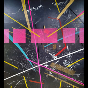 Chukwuemeka Anthony Chukwu, Federation, 2022, acrylic, ink and tapes on wood panel, 72x85 inches. Courtesy of the artist and VillageOneArt