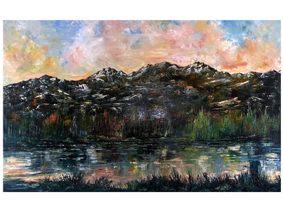 Bruno D'Anna, Le Rocciose e il Lago, oil on canvas, 30x48 inches, 2021. Courtesy the artist and Bitfactory Gallery, Denver
