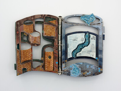 Sacha Ingber, Water Files (One Direction), 2022. Glazed earthenware, urethane, aqua resin, inkjet transfer, pigment, acrylic paint, wood, 3-ring binder mechanisms. 95 x 67.5 x 15 cm. Unique. Photographer: Jonathan Bassett. Courtesy the artist and Vitrine 