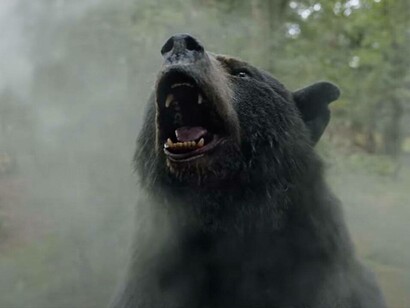 Cocaine Bear getting sprayed with a white mist