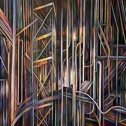 Nancy Newman Rice, Inside the Machine,
oil on canvas on panel,
24" x 24",
2023. Courtesy of the artist and Duane Reed Gallery