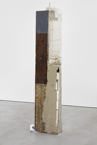 Oscar Tuazon for Ariana Reines, The House Husband, 2016 Concrete, wood, paint, steel, candles, paper, poems 229 x 36 x 61 cm, 90 1/8 x 14 1/8 x 24 1/8 ins. Courtesy Stuart Shave/Modern Art, London