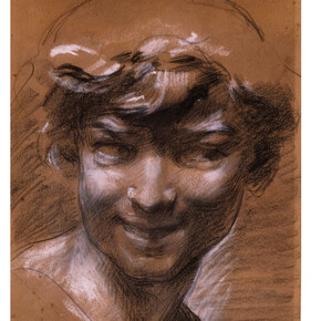 Jean-Baptiste Carpeaux (1827-1875), Tête du Pêcheur à la coquille, Crayon noir avec rehauts de blancs sur papier bistre, 30,5 x 21,5 cm, Paris, musée d’Orsay, RF 5138, © RMN-Grand Palais (Musée d'Orsay) / Jean-Gilles Berizzi