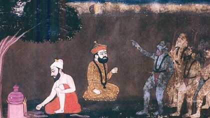 "Guru Nanak y el eclipse", pintura atribuida a Sikandar Singh Bhayee, siglo XVIII o XIX