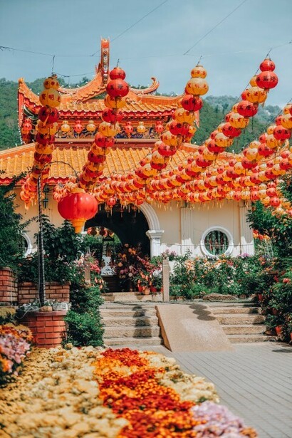 Red and yellow lanterns hanging at Kek Lok Si Temple, Air Itam, Penang, Malaysia