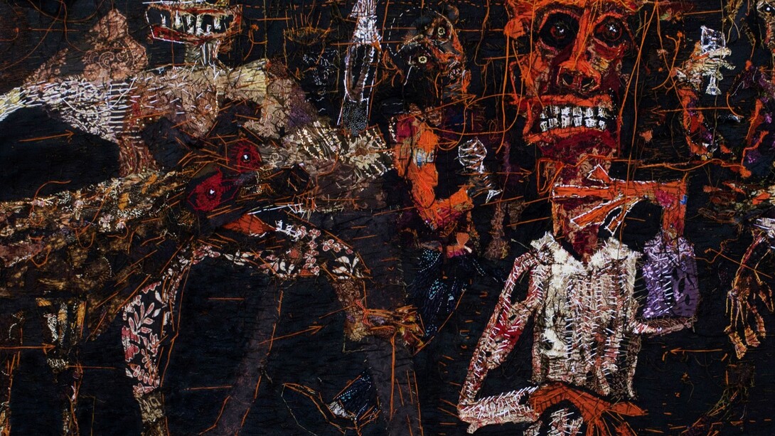 Gatot Pujiarto, Allergic to Alcohol (Alergi alkohol), detail, 2015, Canvas, textiles, acrylic and thread, 150 x 500 cm; 59 x 196 7/8 in.