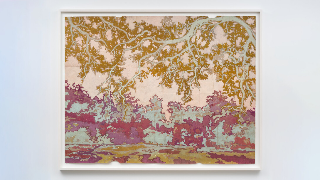 Maysey Craddock, Cloud Azalea , 2023. Gouache, flashe and thread on found paper, 48 x 62 in. (52 x 66 in. framed). Photography Credit: Phil Maisel. Courtesy of Sarah Sheperd Gallery