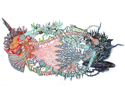 Kako Ueda, One-Horn, Two-Horn, 2012-13, hand-cut paper with acrylic, 20 3/4 x 39 in. Courtesy of the artist and George Adams Gallery, New York.