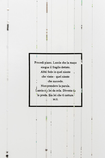 Sabrina Mezzaqui - La celeste pazzia (M.G.) 2024, poetry by Mariangela Gualtieri, in Quando non morivo, Einaudi, p. 5 silkscreen on paper with material elements, beads, thread, 203 x 272 cm, cellulose letters 50 X 50 cm. Photo: Ela Bialkowska, OKNO Studio