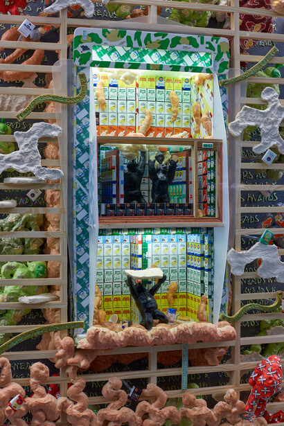 Kara Chin, Sims Dream Flour Shop (detail), 2021. Timber, acrylic/oil/spray paint, expandable foam, salt dough, furniture lacquer. printed card, milli putti, dolls house object, glass, Perspex LED strip lights, metal brackets, glazed ceramic. 193 x 80 x 30 cm.

