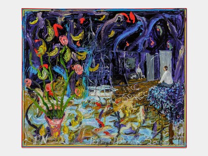 Peter Nadin,
Dave-Id Looks in a Mirror (Sees Himself), 2022,
Oil on panel,
49 ½
x 41 3/8 (125.73 x 105.09 cm). Photograph
by
Alon Koppel. Courtesy of the artist and Off Paradise, New York