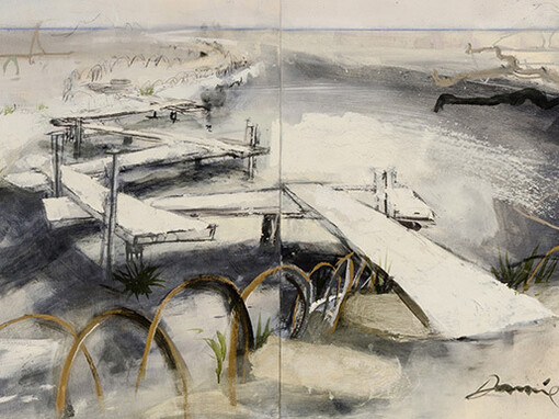 Kate Downie, From Okayama to the Seto Sea, oil on wood, 64 x 184 cm